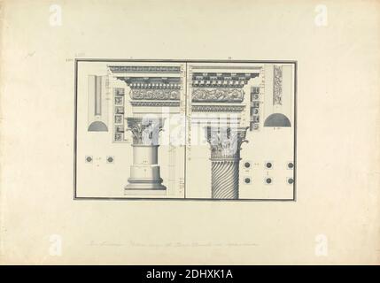 Zwei korinthische Säulen in der Nähe des ionischen Tempels in Aphrodisias (heute Geyve) gefunden, Giovanni Battista Borra, 1713–1770, italienisch, ca. 1750, schwarze Tinte mit grauem Wash über Graphit auf mäßig dickem, mäßig strukturiertem, beigefarbenem Papier, Blatt: 14 15/16 x 21 5/16 Zoll (37.9 x 54.1 cm) und Bild: 7 7/8 x 12 3/8 Zoll (20 x 31.4 cm), architektonisches Motiv, Kapitelle, Säulen, korinthisch, Entablaturen, Friese, Ionisch, Formteile, römisch, Ruinen, Tempel, Aphrodisias, Asien, Marmara, Sakarya, Türkei Stockfoto