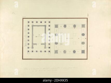 Plan eines Tempels in Mylasa und von weiteren drei Stunden von dort auf der Straße nach Mandaleus, Giovanni Battista Borra, 1713–1770, italienisch, ca. 1750, schwarze Tinte mit grauem Wash über Graphit auf mäßig dickem, mäßig strukturiertem, beigefarbenem Papier, Blatt: 14 7/8 x 21 1/4 Zoll (37.8 x 54 cm) und Bild: 7 7/8 x 12 5/16 Zoll (20 x 31.3 cm), architektonisches Motiv, Säulen, Grundriss, Tempel, Asien, Ege kiyilari, Milâs, Mugla Ili, Türkei Stockfoto