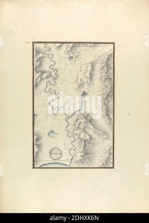 Topographische Karte des Flusslaufs des Meander (Antiker Maender, heute Menderes), Giovanni Battista Borra, 1713–1770, italienisch, ca. 1750, Grauwäsche mit schwarzer und brauner Tinte über Graphit auf mäßig dickem, mäßig strukturiertem, beigefarbenem Papier, Blatt: 21 5/16 x 15 1/16 Zoll (54.1 x 38.3 cm) und Bild: 12 7/16 x 8 Zoll (31.6 x 20.3 cm), architektonisches Motiv, kartographisches Material, Hügel, Seen, Seefahrer-Kompass, Berge, Fluss, Maßstab (Regel), topographische Karte, Asien, Buyukmenderes Nehri, Türkei Stockfoto