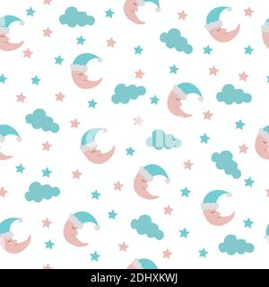 Nahtloses Muster mit Mond und Sternen auf weißem Hintergrund Stock Vektor