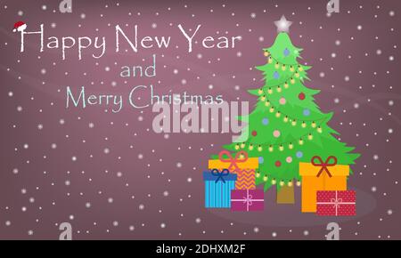 Schönes Vektor-Postkartenbanner mit einem eleganten grünen Weihnachtsbaum Mit Licht und Spielzeug Kugeln mit Geschenken auf rot Hintergrund mit Schnee Stock Vektor