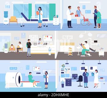 Menschen Patienten und Ärzte im Krankenhaus Innenraum Vektor Illustration Set. Cartoon Mann Frau Charaktere warten Arzt Medizin Termin im Empfangsraum, besuchen medizinische Arbeiter für Diagnose Hintergrund Stock Vektor