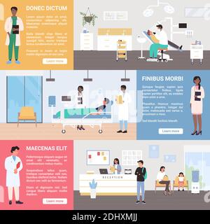 Medizin Gesundheitswesen im Krankenhaus oder medizinischen Zentrum Vektor Illustration Set. Cartoon medizinische Arbeiter, Mann Frau Ärzte und Krankenschwestern arbeiten mit Patienten in Krankenhausabteilungen Hintergrund Stock Vektor