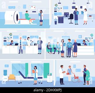 Krankenhaus Medizin Abteilungen Innenraum Vektor Illustration Set. Cartoon-Patienten und behinderte Menschen warten Arzt Termin in der Empfangshalle, mri-Scans, medizinische Labortests Hintergrund Stock Vektor