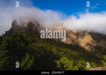 Spitze eines Berges zwischen sonnenbeschienenen Wolken mit grünen Kiefern Wald darunter Stockfoto