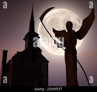 Engel des Todes vor einer Kirche - gespenstisch Nachthintergrund mit Mond - 3d-Rendering Stockfoto