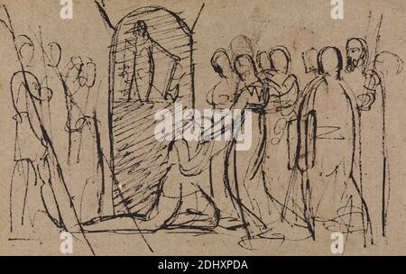 Studie von Mary, Queen of Scots, Going to Execution, Benjamin Robert Haydon, 1786–1846, britisch, undatiert, Feder und braune Tinte auf mäßig dickem, mäßig strukturiertem, braunem, gewobenen Papier, Blatt: 4 9/16 × 7 3/16 Zoll (11.6 × 18.3 cm Stockfoto