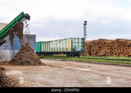 Holzhof mit Holzstapeln, offenen Güterwagen und Rindenhacker Stockfoto