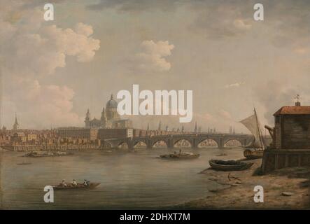 St. Paul's and Blackfriars Bridge, William Marlow, 1740–1813, britisch, zwischen 1770 und 1772, Öl auf Leinwand, Stütze (PTG): 20 3/16 x 29 3/8 Zoll (51.3 x 74.6 cm), Architekturmotiv, Architektur, Boote, Brücke (gebaut), Gebäude, Kathedrale, Kirche, Stadtbild, Männer, Fluss, Ruderboote, Segelboot, Ufer (Landform), England, Europa, Groß-London, London, Themse, Großbritannien Stockfoto