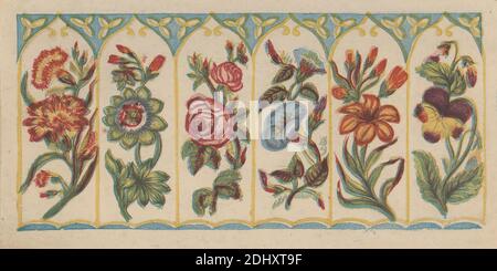 Gartenblumen, Druck gemacht von Bradshaw & Blacklock, aktiv ca. 1850, britisch, nach 1850, Stipple Gravur, Radierung und Farbholzschnitt auf cremefarbener Karte auf beige Karte montiert, Bild: 3 7/16 x 6 3/4 Zoll (8.7 x 17.1 cm), botanisches Thema, Nelken, Blumen (Pflanzen), Geranien, Blätter, Ringelblumen, Morgenglorys, Stiefmütterchen, Rosen, Stiele, Reben, Veilchen Stockfoto