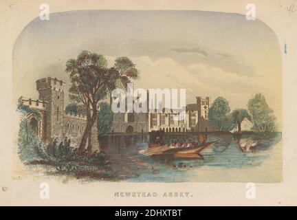 Newstead Abbey, Druck von Bradshaw & Blacklock, aktiv ca. 1850, britisch, nach 1850, Radierung und Farbholzschnitt auf mäßig dickem, glattem, cremefarbenem Wove-Papier, Blatt: 9/16 x 15/16 cm (5 14.2 x 7 20.2 Zoll) und Bild: 4 1/4 x 6 3/4 Zoll (10.8 x 17.1 cm), Abtei, Bögen, architektonisches Thema, Barge, Boot, Büsche, Kirche, Wolken, Kreuz (Objekt), Türen, Gras, Efeu, See, Männer, Menschen, Pflanzen, Fluss, Rudern, Segelboot, Türme, Schwäne, Bäume, Fenster, England, Newstead, Newstead Abbey, Nottinghamshire, Vereinigtes Königreich Stockfoto