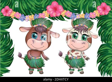 Ein Paar niedliche Cartoon-Stier und Kuh mit schönen Augen ist die Figur eines hawaiianischen Hula-Tänzerin zwischen Blättern, Blumen. Lustiger Bullen-Tanz. 2021 Jahre Stock Vektor