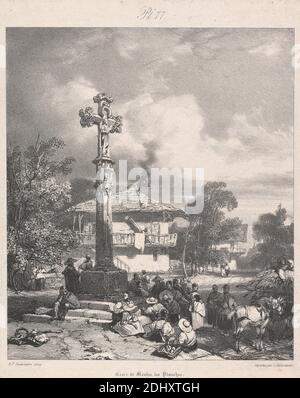 Croix de Moulin les Planches, Druck gemacht von Richard Parkes Bonington, 1802–1828, britisch, gedruckt von Charles J. Hullmandel, 1789–1850, britisch, 1827, Lithographie auf mäßig dickem, glattem, cremefarbenen Wove-Papier mit cremefarbenem Chine-Collé, Blatt: 13 1/8 x 10 1/2 cm (26.7 x 33.3 Zoll), Blatt: 9 11/16 x 7 3/4 Zoll (24.6 x 19.7 cm), und Bild: 8 1/2 x 7 5/16 Zoll (21.6 x 18.6 cm), architektonisches Thema, Taschen, Balkon, Körbe, Gebäude, Karren, Kinder, Kamin, Wolken, Kreuz (Motiv), Kruzifix, Diskussion, Kleider, Sammeln, Genremotiv, Hüte, Heu, Pferde (Tiere), Haus, Ikone, Männer, Religion Stockfoto