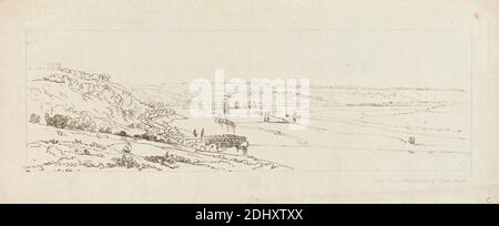 Blick auf die Wasserwerke von Marly und St. Germain-en-Laye in der Ferne, Thomas Girtin, 1775–1802, British, 1802, Weiche Radierung mit Graphitkorrekturen in der Hand des Künstlers auf Medium, leicht strukturiert, creme, Wobentpapier, Blatt: 8 7/16 x 20 3/4 Zoll (21.4 x 52.7 cm) und Bild: 5 13/16 x 18 3/8 Zoll (14.8 x 46.7 cm), architektonisches Motiv, Brücke (gebaut), Vieh, Gras, Hügel, Landschaft, Wassermühle, Acqueduct of Louveciennes, Europa, Frankreich, Louveciennes, Marly-le-ROI, Saint-Germain-en-Laye, seine, Yvelines, Île-de-France Stockfoto