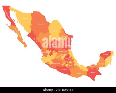 Orange politische Landkarte von Mexiko. Verwaltungsabteilungen - Staaten. Einfache flache Vektorkarte mit Beschriftungen. Stock Vektor