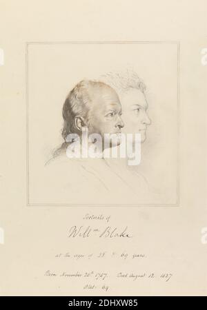 William Blake in Youth and Age, George Richmond, 1809–1896, britisch, nach Frederick Tatham, 1805–1878, britisch, ca. 1830, Graphit mit Pinsel und braune Tinte auf Medium, leicht strukturiert, cremefarbenes Wove Papier, Blatt: 13 1/2 × 10 1/2 Zoll (34.3 × 26.7 cm), Künstler, Männer, Porträt, Profil Stockfoto