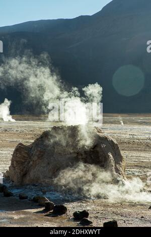 Ein Geysir-Kegel oder Splash Mound auf El Tatio Geysir Feld und Geothermie Gebiet, hoch in den Anden, Atacama Region, Nord-Chile, Südamerika Stockfoto