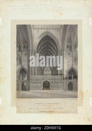 Innenansicht des York Minster aus dem Kirchenschiff, der die Leinwand des Chores in seiner gegenwärtigen Situation zeigt, Druck gemacht von Robert Smirke, 1752–1845, britisch, und / oder Mary Smirke, 1779–1853, britisch, undatiert, Lithograph auf Chine collé auf dünnem, glattem, weißem Wove-Papier, Bild: 8 1/2 × 7 Zoll (21.6 × 17.8 cm), Blatt: 10 × 8 1/4 Zoll (25.4 × 21 cm) und Halterung: 14 3/4 × 11 Zoll (37.5 × 27.9 cm) Stockfoto