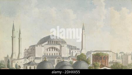 Ansichten in der Levante: Blick auf die Kuppeln und Türme der Hagia Sophia, Istanbul, Willey Reveley, ?, 1760–1799, British, ca. 1785, Aquarell und Stift und graue Tinte auf Medium, leicht strukturiert, cremefarbenes Papier, Blatt: 9 7/8 x 18 3/4in. (25.1 x 47,6 cm) und Blatt: 9 7/8 × 18 3/4 Zoll (25.1 × 47.6 cm), architektonisches Motiv, Stadtbild, Kuppeln, Moschee, Religion, Türme, Asien, Asien, Ayía Sofía, Konstantinopel, Istanbul, Levant, Marmara, Türkei Stockfoto