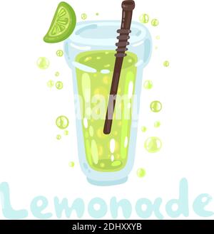 Limonade und Blasen in einem Glas mit einem srow. Flaches buntes Gelb und Grün Design-Stil, moderne Vektor Clipart Illustration. Sommer Limonaden mit Stock Vektor