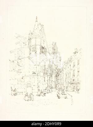 Hotel de Sens, Paris, Druck gemacht von Thomas Shotter Boys, 1803–1874, British, 1830, Weiche Radierung auf mäßig dickem, mäßig strukturiertem, cremefarbenem Wove-Papier, Blatt: 19 1/2 x 13 1/8 Zoll (49.5 x 33.3 cm), Platte: 12 1/2 x 9 3/16 Zoll (31.7 x 23.3 cm), und Bild: 10 9/16 x 8 9/16 Zoll (26.8 x 21.8 cm), Schürzen, Bögen, architektonisches Thema, Automobil, Taschen (Container), Balkone, Hauben (Hüte), Gebäude, Kappen (Kopfbedeckung), Tragen, Kinder, Stadt, Stadtbild, Säulen (architektonische Elemente), Kostüm, Türen, Kleider, Figuren, Fahnen, Grand Tour, Hüte, Arbeit, Männer, Mutter, Palast Stockfoto