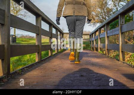 Niedriger Winkel, Rückansicht der britischen Frau in wellington Stiefeln/Gummistiefel, isoliert im Freien, bei Wintersonne über einen hölzernen Steg. Stockfoto