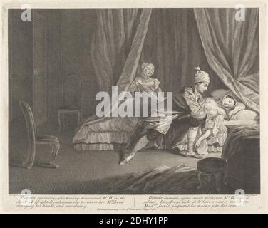 Illustrationen zu Samuel Richardsons 'das Leben von Pamela', illustriert von Joseph Highmore, Guillaume Philippe Benoist, 1725–ca. 1770, französisch, nach Joseph Highmore, 1692–1780, britisch, 1762, Gravur, Platte: 11 3/4 x 14 13 Zoll (29.8 x 37,6 cm) und Blatt: 14 3/16 x 18 3/8 Zoll (36 x 46,7 cm), Bett, Genre-Motiv, Damen, Schwanzen Stockfoto