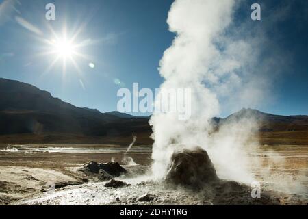 Ein Geysir-Kegel oder Splash Mound auf El Tatio Geysir Feld und Geothermie Gebiet, hoch in den Anden, Atacama Region, Nord-Chile, Südamerika Stockfoto