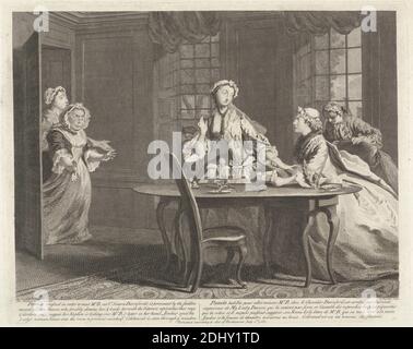 Illustrationen zu Samuel Richardsons 'The Life of Pamela', illustriert von Joseph Highmore, L. Truchy, 1721–1764, nach Joseph Highmore, 1692–1780, British, 1762, Gravur, Tafel: 11 3/4 x 14 13/16in. (29.8 x 37,6 cm) und Blatt: 14 3/16 x 18 3/8 Zoll (36 x 46,7 cm), Vorhänge, Genremotiv, Tisch, Fenster Stockfoto