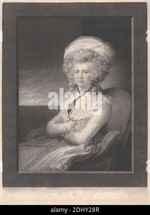 Mrs. Cosway, Druck von Valentine Green, 1739–1813, Britisch, nach Maria Hadfield Cosway, 1759–1838, Britisch, Publiziert von V. & R. Green, ca. 1768–1804, Britisch, 1787, Mezzotint auf mäßig dickem, mäßig strukturiertem, cremefarbenen Papier, Blatt: 18 9/16 x 13 9/16 cm (34.4 x 47.1 Zoll), Platte: 17 15/16 x 12 15/16 Zoll (45.6 x 32.8 cm), und Bild: 16 7/16 x 12 15/16 Zoll (41.8 x 32.8 cm), Künstler, Stuhl, Kostüm, Kreuz (Objekt), Locken, Ohrringe, Fichu, Kleid, Hut, Horizont Linie, Musselin, Porträt, Rüschen, Selbstportrait, Turban, Frau Stockfoto