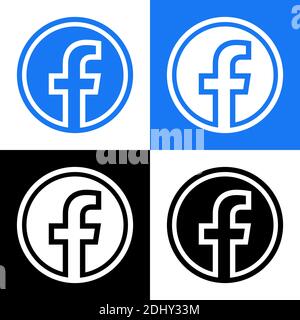 Facebook Logo - Vector Set Collection - Schwarz Silhouette Form - Original Neueste Blaue Farbe - Isoliert. F-Symbol für Webseite, mobile App oder Drucken. Stock Vektor