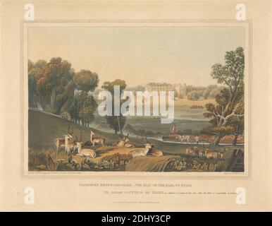 Cassiobury, Hertfordshire, The Seat of the Earl of Essex, Robert Havell, 1769–1832, britisch, nach Joseph Mallord William Turner, 1775–1851, britisch, 1816, Erstveröffentlichung, farbig gedruckt, handfertig Stockfoto