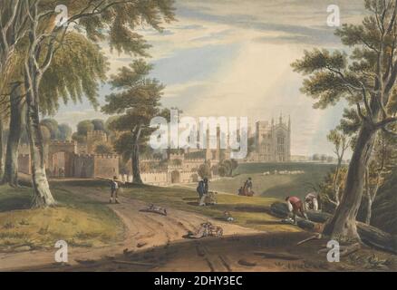 North-West Front, Cassiobury, Hill, nach Joseph Mallord William Turner, 1775–1851, britisch, 1816, später Staat, 1837 Ausgabe: Handkoloriert Stockfoto