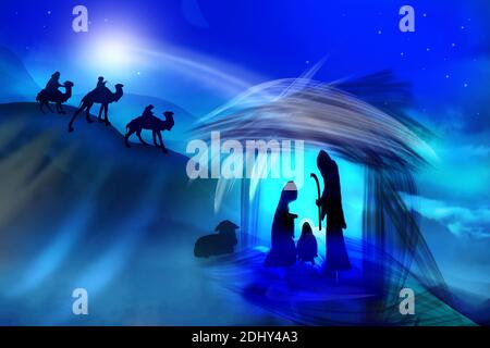 Weihnachtskrippe mit dem Jesuskind in der Krippe und Maria mit Joseph. Weihnachten Hintergrund. Stockfoto