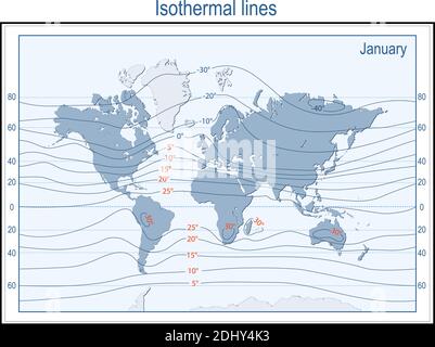 Isotherme Weltkarte mit Kontinenten, isothermalen Linien und physikalischen Temperaturzonen im Januar in Grad Celsius. Vektor Stock Vektor