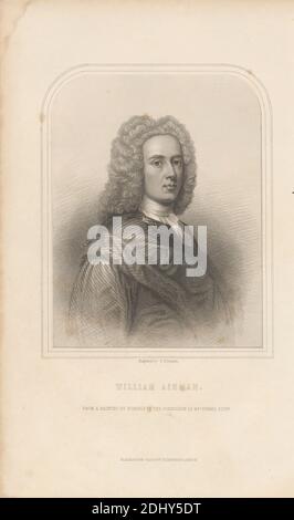 William Aikman, Druck gemacht von Samuel Freeman, 1773–1857, British, after William Aikman, 1682–1731, British, Published by Blackie & Son, Active 1833–1870, British, undated, Stichelstich und Radierung auf mäßig dickem, glattem, cremefarbenem Wove-Papier, Blatt: 9 1/16 x 5 1/2 Zoll (23 x 13.9 cm) und Bild: 5 5/16 x 4 3/16 Zoll (13.5 x 10.6 cm), Künstler, Cravat, Blick, Mantel, Maler, Porträt, Porträtmaler, Posen, feierlich, Perücke Stockfoto