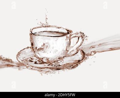 Eine Kaffeetasse auf einem Teller aus Wasser, das auf Wasser schwimmt. Stockfoto