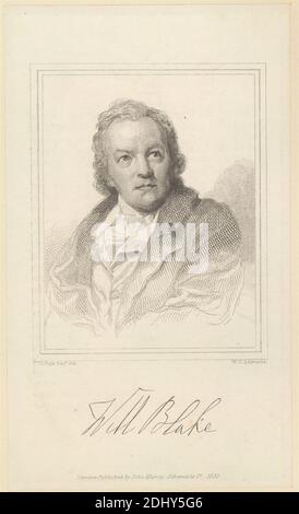 William Blake, William Camden Edwards, 1777–1855, British, after Thomas Phillips, 1770–1845, British, Published by John Murray, 1802–1892, British, 1830, Strichgravur und Radierung auf mäßig dickem, leicht strukturiertem, cremefarbenem Wove-Papier, in Halterung gelegt, Blatt: 5 7/16 x 3 1/4 Zoll (13.8 x 8.2 cm) und Bild: 3 5/16 x 2 5/8 Zoll (8.4 x 6.7 cm), Künstler, Mantel, Kostüm, Cravat, Rüschen, Porträt, Rüschen, Weste Stockfoto