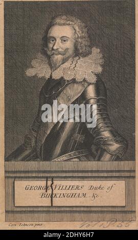 George Villiers, 1. Duke of Buckingham, unbekannter Künstler, nach Cornelius Johnson, 1593–1661, britisch, undatiert, Strichgravur auf Medium, leicht strukturiert, beige, Papier gelegt, Blatt: 6 3/4 × 4 1/8 Zoll (17.1 × 10.5 cm) und Bild: 6 3/8 × 3 3/4 Zoll (16.2 × 9.5 cm) Stockfoto