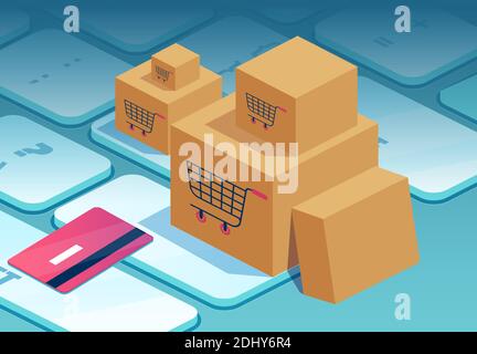 Online-Shopping-Konzept. Vektor von Kartons und Kreditkarte auf einer Laptop-Tastatur. Stock Vektor