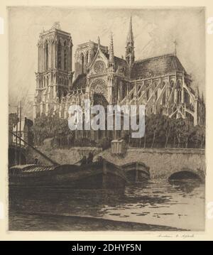 Notre Dame, Druck von Andrew Fairbairn Affleck, 1874/7–1936, 1908, Ätzung und Trockenpunkt auf mäßig dickem, leicht strukturiertem, cremefarbenem Papier, Blatt: 20 11/16 x 15 cm (38.1 x 52.5 Zoll), Platte: 14 1/2 x 12 3/4 cm (32.4 x 36.8 Zoll) und Bild: 14 1/8 x 12 1/2 Zoll (35.9 x 31.7 cm), Bögen, architektonisches Thema, Architektur, Lastkähne (Wasserfahrzeuge mit flachem Boden), Brücke (Bauwerke), Kathedrale, Stadtbild, Kreuze (Objekte), fliegende Strebepfeiler, Wasserspeier, Fluss, Rosenfenster, Seeleute, Kirchtürme (Gebäudeteile), Bäume, Cathédrale Notre-Dame de Paris, Frankreich, Paris, Pont au Stockfoto