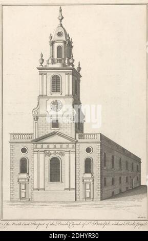 The Northeast Prospect of the Parish Church of St. Botolph, Without Bishopsgate, Benjamin Cole, 1697–1783, britisch, nach unbekannter Künstler, undatiert, Gravur, Blatt: 15 x 9 3/4in. (38.1 x 24,8 cm Stockfoto