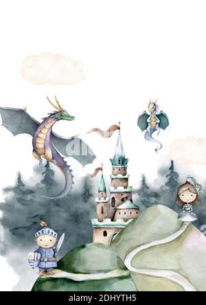 Der Ritter tapfer niedlichen Prinzessin auf Drachen. Hand gezeichnet Aquarell isoliert Kinderzimmer Kind Cartoon Illustration auf weißem Hintergrund Stockfoto