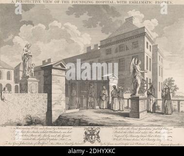 A Perspective View of the Foundling Hospital with emblematic figures, Charles Grignion, 1717–1810, British, and Michael 'Angelo' Rooker, 1746–1801, British, after Samuel Wale RA, 1721–1786, British, 1749, Engraving Stockfoto