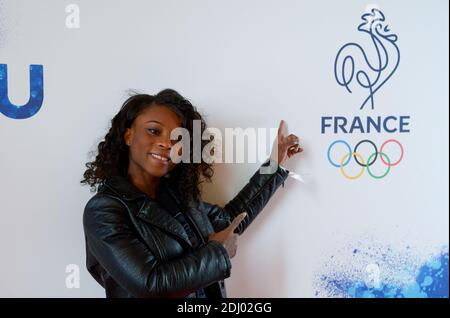 Judo Star Priscilla Gneto bei einer Feier von 100 Tagen vor den Olympischen Spielen 2016 in Rio de Janeiro in Paris, Frankreich am 27. April 2016. Foto von Henri Szwarc/ABACAPRESS.COM Stockfoto