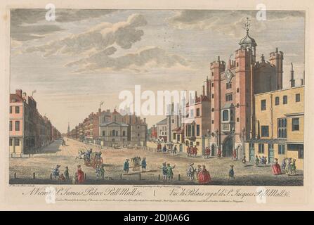 Ein Blick auf St. James's Palace Pall Mall, Thomas Bowles, Ca. 1712–gestorben 1753, Brite, nach Thomas Bowles, ca. 1712–gestorben 1753, Brite, 1753, handkolorierter Stich Stockfoto