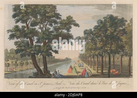 Blick auf den Kanal im St. James's Park, Pierre Charles Canot, ca. 1710–1777, französisch, in Großbritannien tätig, nach John Maurer, aktiv 1713–1761, 1746, handkolorierte Gravur Stockfoto