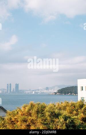 Blick auf die Gwangan-Brücke und den blauen Ozean von der Haeundae Dalmaji-gil Moontan Road in Busan, Korea Stockfoto