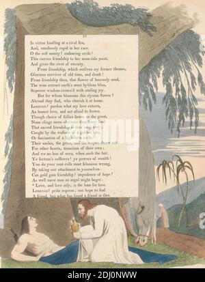 Young's Night Thoughts, Seite 37, 'Love, and Love Only, is the Loan for Love', Druck von William Blake, 1757–1827, British, 1797, Radierung und Strichgravur mit Aquarell auf mäßig dickem, leicht strukturiertem, cremefarbenem Papier, Spine: 17 1/2 44.5 cm, Blatt: 16 3/4 x 12 7/8 Zoll (42.5 x 32.7 cm), und Teller: 16 1/8 x 12 3/4 Zoll (41 x 32.4 cm), Bart, Kelch, Tasse, Lebensmittel, Kelch, Gras, Pferd (Tier), Blatt, literarisches Thema, Männer, Berge, Palmen, religiöse und mythologische Thema, Schlange, Text, Bäume Stockfoto