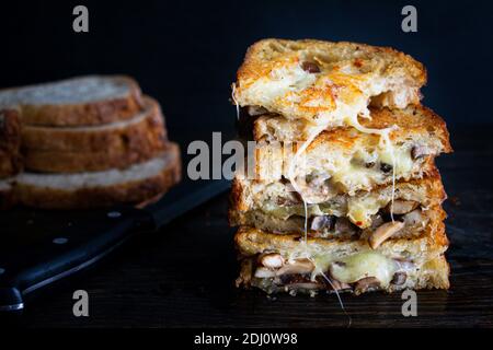 Knoblauch Pilz gegrillte Käse Sandwiches: Zwei Sandwiches mit geröstetem Sauerteig Brot und gefüllt mit geschmolzenem Käse und Pilzen Stockfoto